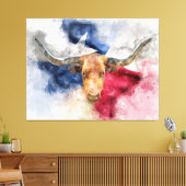 Longhorn Kuh mit Texas Flag Karte Wasserfarbe Leinwanddruck (Insitu (Wohnzimmer))