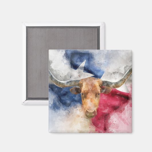 Longhorn Kuh mit Texas Flag Karte Wasserfarbe Magnet (Vorderseite/Rückseite)