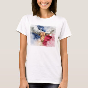 Longhorn Kuh mit Texas Flag Karte Wasserfarbe T-Shirt