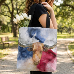 Longhorn Kuh mit Texas Flag Karte Wasserfarbe Tasche