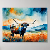 Longhorn-Ochse auf einer Weide Poster (Vorne)
