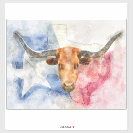 Longhornkuh mit Texas-Karte und Flaggenfarbe Aufkleber (Blatt)