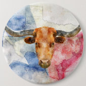 Longhornkuh mit Texas-Karte und Flaggenfarbe Button (Vorderseite)
