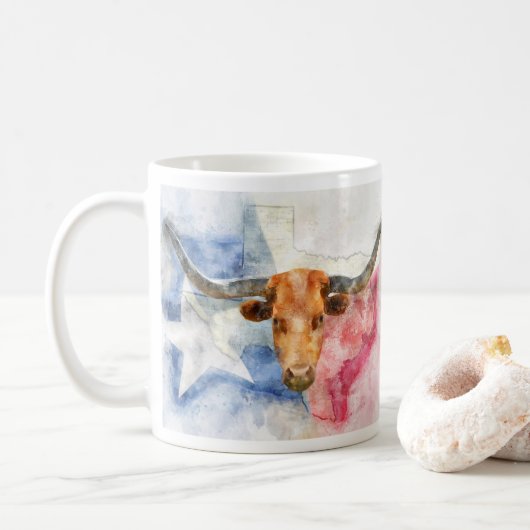 Longhornkuh mit Texas-Karte und Flaggenfarbe Kaffeetasse (Mit Donut)
