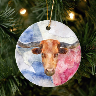 Longhornkuh mit Texas-Karte und Flaggenfarbe Keramik Ornament