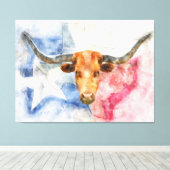 Longhornkuh mit Texas-Karte und Flaggenfarbe Leinwanddruck (Insitu (Holzboden))