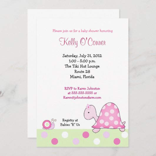 Lonnie's Pink Turtle Baby Dusche Einladung (Vorne/Hinten)