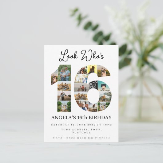 Look wer ist 16 Foto Collage Einladung Teenager (Stehend Vorderseite)