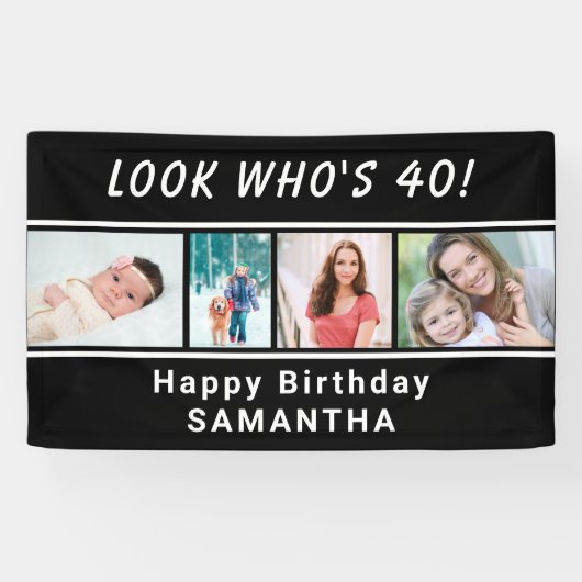 Look Who is any Age 4 Foto Black Birthday Banner (Horizontal)