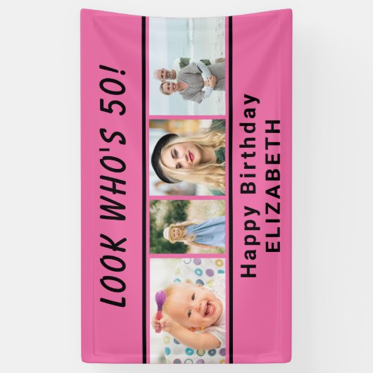 Look Who is any Age 4 Foto Pink Birthday Banner (Vertikal)