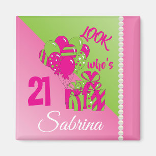 Look Who’s 21 Wird 00th Birthday - Pink and Green Magnet