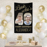 Look Who's 40 Black & Gold 2 Foto Geburtstagsparty Banner<br><div class="desc">Schau mal, wer 40 ist! Feiern Sie einen glücklichen 40. Geburtstag für ihn oder sie mit einem maßgeschneiderten 2-Foto-Vertikal-Banner. Bilder und Texte auf dieser Vorlage sind einfach zu personalisieren. (IMAGE PLACEMENT TIP: Eine einfache Möglichkeit, ein Foto genau zu positionieren, wie Sie es gewollt haben, ist es, es einzuschneiden, bevor Sie...</div>