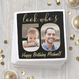 Look Who's 50 Black & Gold 2 Foto Happy Birthday Serviette