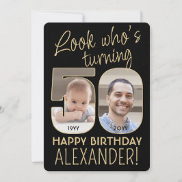 Look Who's 50 Black & Gold Geburtstagsparty 2 Foto Einladung