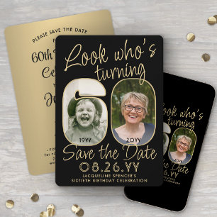 Look Who's 60 Black & Gold 2 Foto Geburtstagsparty Save The Date