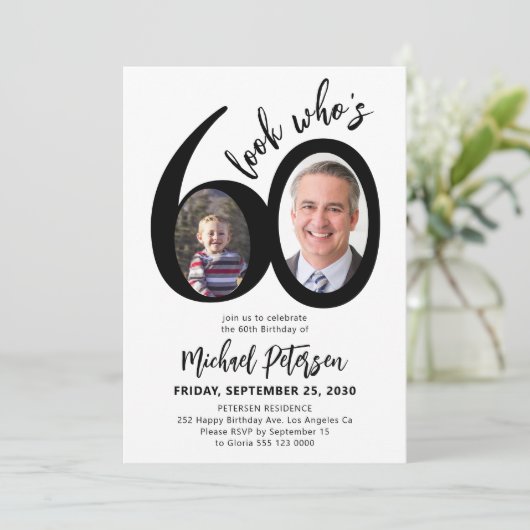 Look who's 60 modern photo 60th birthday party einladung (Stehend Vorderseite)