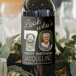 Look Who's 70 Black & Gold 2 Foto Geburtstagsparty Weinetikett