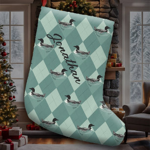 Loon Birds Soft Aquamarine Raute Muster Seehütte Großer Weihnachtsstrumpf