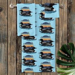 Loon Couple Sunset Blue Badhandtuch Set