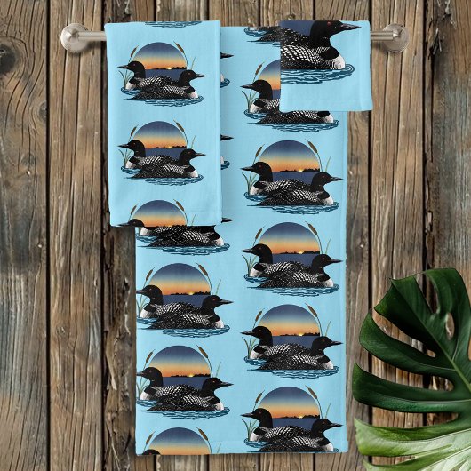 Loon Couple Sunset Blue Badhandtuch Set