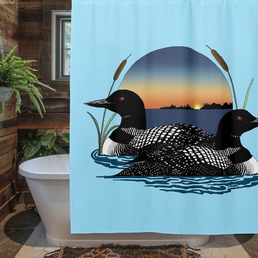 Loon Couple Sunset Blue Duschvorhang