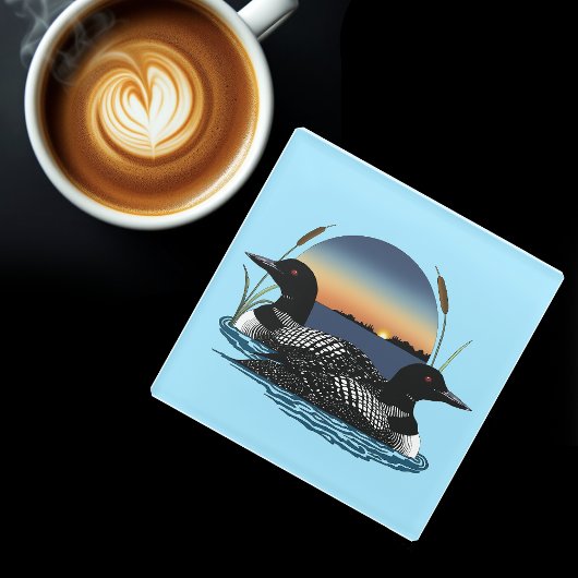 Loon Couple Sunset Blue Glasuntersetzer