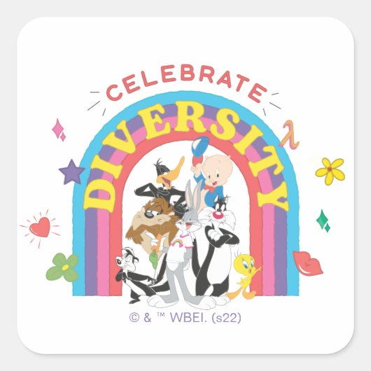 LOONEY TUNES™ - Celebrate Diversity Pride Rainbow Quadratischer Aufkleber (Vorderseite)