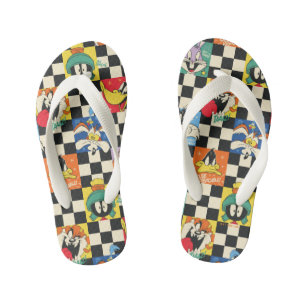 LOONEY TUNES™-Charaktere auf Schwarz-Weiß-Schachbr Kinderbadesandalen