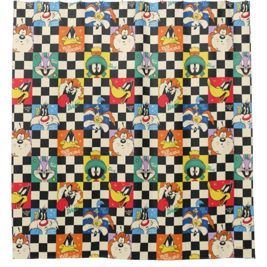 LOONEY TUNES™ Zeichen auf Schwarz/Weiß-Schachbrett Duschvorhang (Vorderseite)