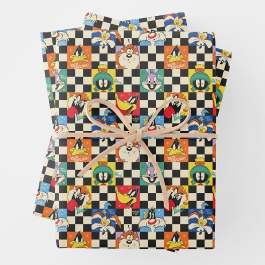LOONEY TUNES™ Zeichen auf Schwarz/Weiß-Schachbrett Geschenkpapier Set (Beispiel)