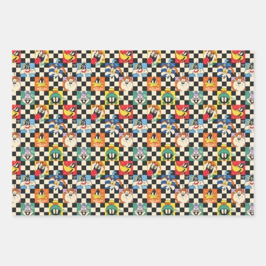 LOONEY TUNES™ Zeichen auf Schwarz/Weiß-Schachbrett Geschenkpapier Set (Vorderseite)