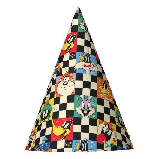 LOONEY TUNES™ Zeichen auf Schwarz/Weiß-Schachbrett Partyhütchen (Vorderseite)