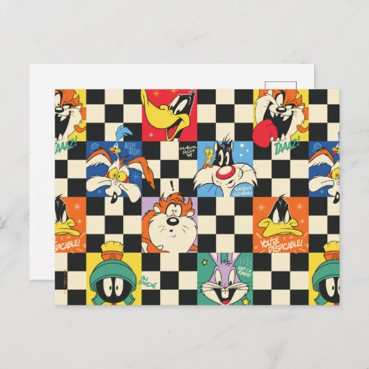 LOONEY TUNES™ Zeichen auf Schwarz/Weiß-Schachbrett Postkarte (Vorne/Hinten)