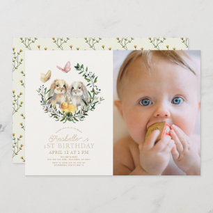 Lop Rabbit Bunny Butterfly 1. Geburtstag Foto Einladung