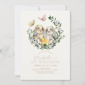 Lop Rabbit Bunny Chick Butterfly 1. Geburtstag Einladung (Vorderseite)