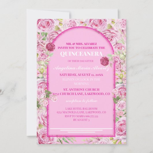 loral Rose Pink Quinceanera Invitation Einladung (Vorderseite)
