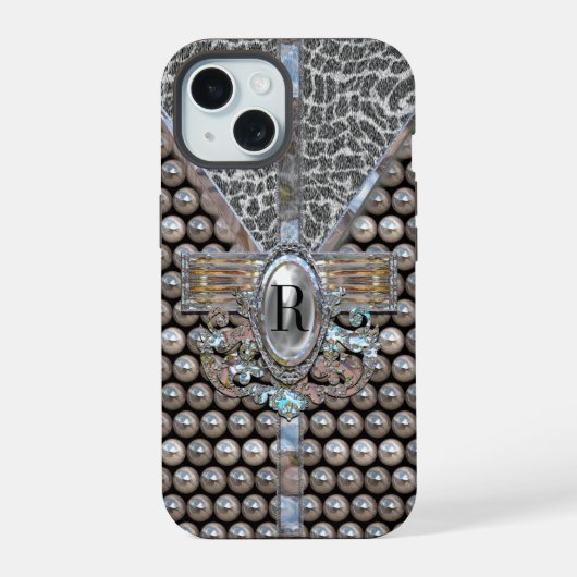 Loranne Dazzle Monogramm iPhone 15 Hülle (Rückseite)