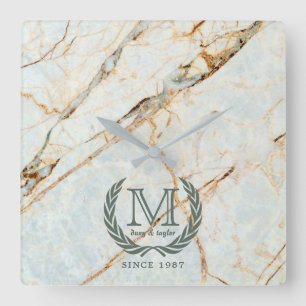 Lorbeer-Blatt-klassisches Monogramm-schöner Marmo Quadratische Wanduhr