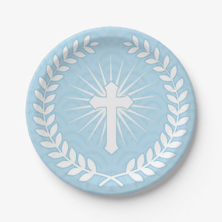 Lorbeer, Kreuz, blaues religiöses Pappteller