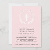 Lorbeer, Kreuz, Rosa, erste Kommunion Einladung (Vorderseite)