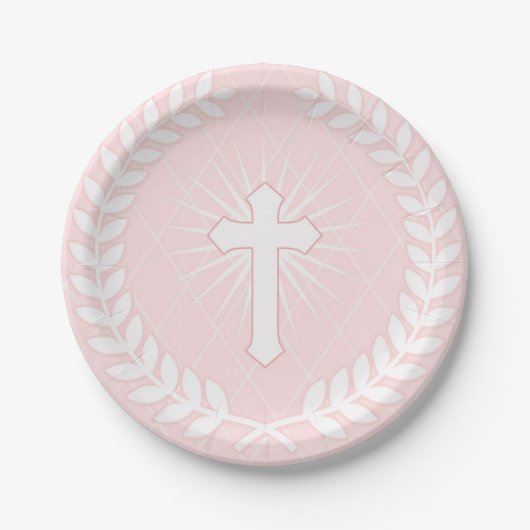 Lorbeer, Kreuz, rosa religiöses Pappteller (Vorderseite)