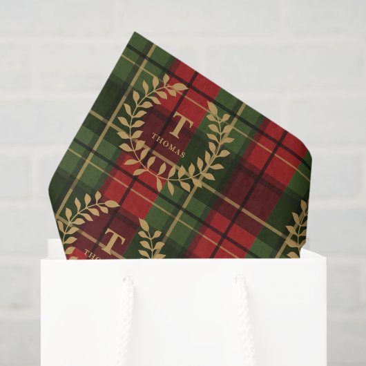 Lorbeer-Monogramm auf rotem und grünem Weihnachtsk Seidenpapier (Geschenktüte)