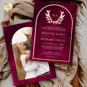Lorbeerkranz Blätter Fuchsie Magenta Hochzeit Gold Folieneinladung