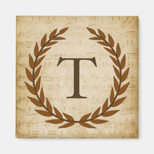 Lorbeerkranz Notenblatt Monogramm Initiale T Magnet (Vorne)