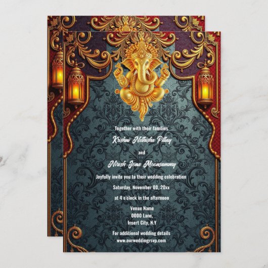 Lord Ganesh blue gold luxuriöse indische Hochzeit Einladung (Vorne/Hinten)