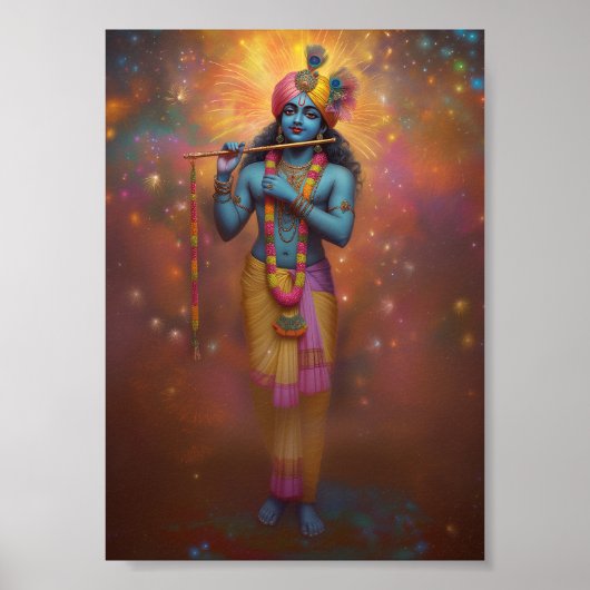 Lord Krishna Pastel Rainbow Feuerwerke Hindu Art Poster (Vorne)