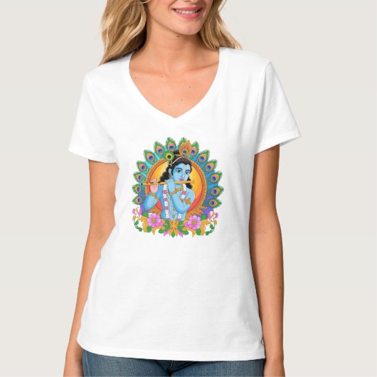 Lord Krishna Playing Flute with Peacock Feathers T-Shirt (Vorderseite)