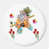 Lord krishna sitzend mit radha genussvoll flöte