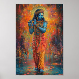 Lord Krishna spielt die Flöte Orange Blau Kunst  Poster