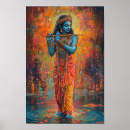 Lord Krishna spielt Flute Orange Blue Art Poster